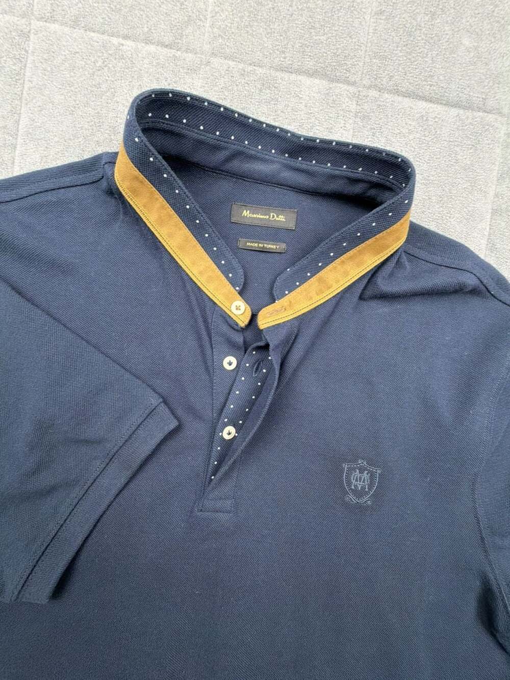 Massimo Dutti Navy Blue Pique Polo Shirt with Suede Blade Collar